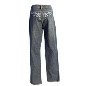 Cache Embroidery Rhinestone Embellished Dark Jean Straight Pant Stretch NWT $128